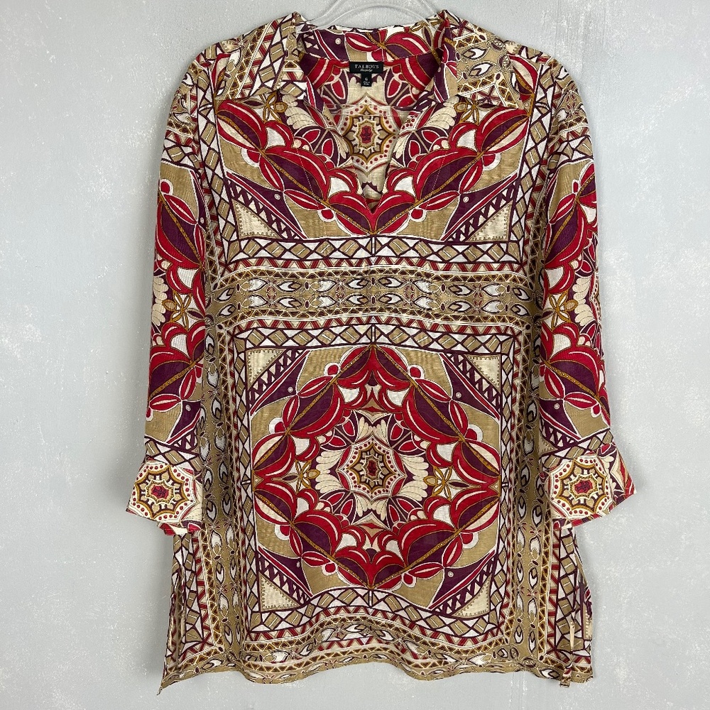 Talbots tunic top size 12 linen silk blend 3/4 sleeve tan red medallion artsy